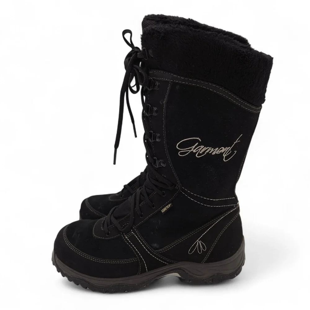 Garmont Women's 7 Black Gore-Tex Tall Winter Boots Faux Fur Lined Suede Zip Snow